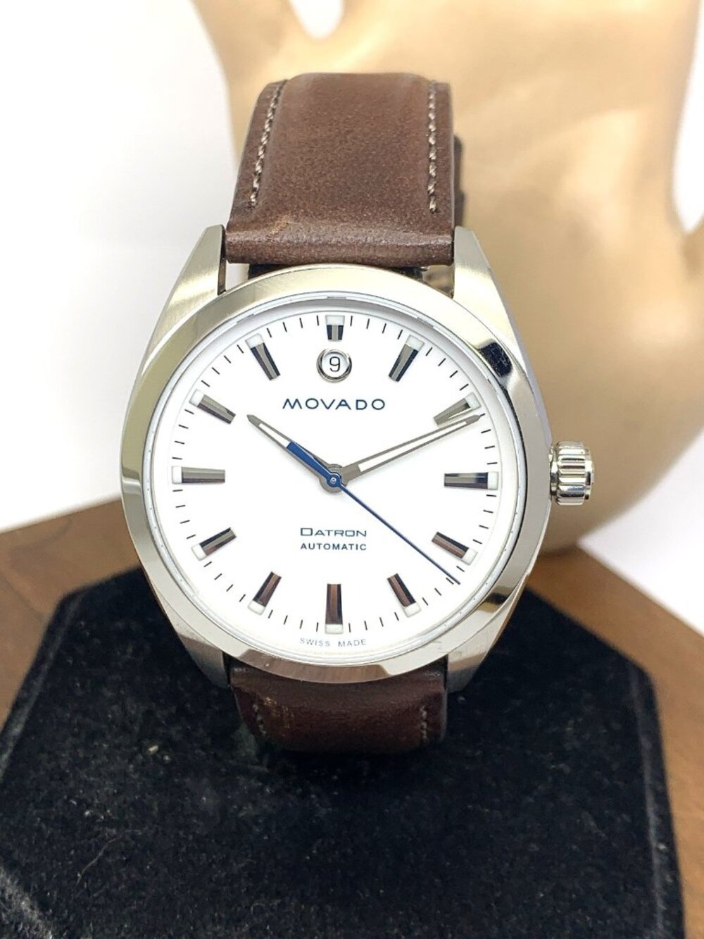 Movado Men's Watch 3650145 Datron Swiss Automatic White Dial Brown Leather 40mm